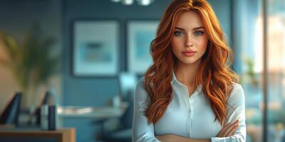 Professional woman with red hair stands confidently in a modern office setting during the day, showcasing a poised demeanor photo