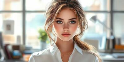 Captivating young woman with expressive features in a bright office setting during daytime photo