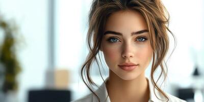 Young woman with captivating eyes in a modern indoor setting during daytime photo