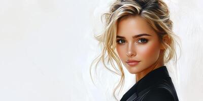 Portrait of a young woman with elegant hairstyle and makeup in a soft background photo