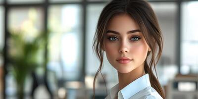 Young woman with striking features poses in a modern office setting during daylight hours photo