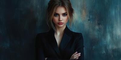 Young woman in a stylish black suit against a dark textured background showcasing confidence and elegance in a modern setting photo