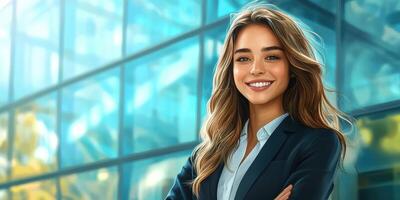 Professional woman smiling confidently in front of a modern office building with glass exterior on a sunny day photo