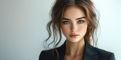 Model poses in a professional setting with natural light highlighting her features and elegant attire photo