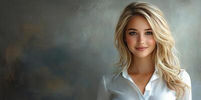 Young woman with long blonde hair smiling softly in a light-colored shirt against a neutral backdrop photo