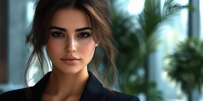 Beautiful woman in a stylish outfit with a natural makeup look in a modern indoor setting during the day photo