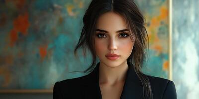 Young woman with dark hair wearing a black blazer stands confidently against a colorful abstract background photo