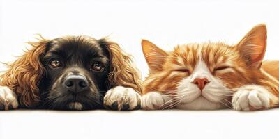 Relaxing dog and cat cuddle together on a cozy surface during afternoon light photo