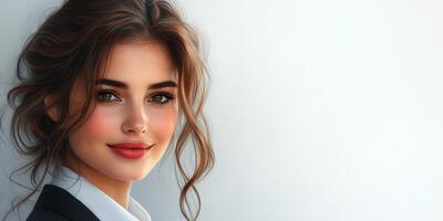 Young professional woman smiles confidently against a light background photo