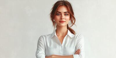 Confident young woman with crossed arms standing against a neutral background in a professional outfit photo