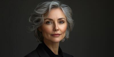 Portrait of a confident mature woman with gray hair showcasing beauty and poise in a dark setting photo