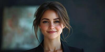 Young woman with warm smile in professional attire against a blurred background in a modern setting photo