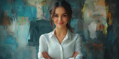 Young woman poses confidently against colorful abstract background in a bright indoor setting photo