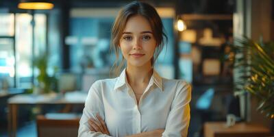 Confident young woman stands with arms crossed in a modern workspace during daylight hours photo
