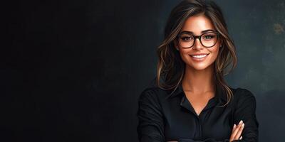 Confident woman in glasses smiling against a dark background while wearing a black shirt photo