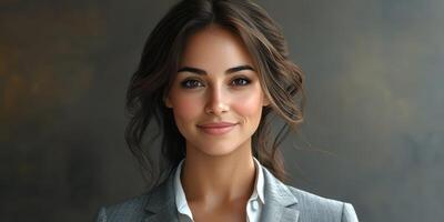 Portrait of a confident woman in a suit, showcasing a warm smile against a neutral backdrop in a professional setting photo