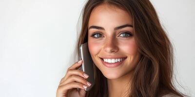 Smiling young woman enjoying a phone conversation indoors with a bright background photo
