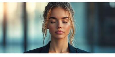Young woman meditating in a modern office, exuding calm and focus during a busy workday photo