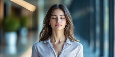 Woman practicing mindfulness and relaxation in a modern indoor environment during daylight hours photo