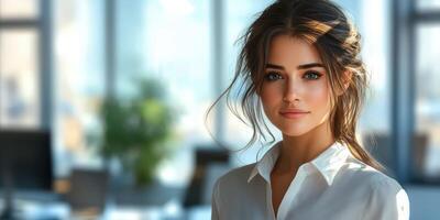 Confident young woman posing in a modern office setting during daylight hours photo