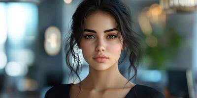 Striking portrait of a young woman in a modern urban setting showcasing natural beauty and confidence photo