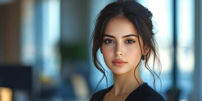 Portrait of a young woman with natural beauty in a modern indoor setting in bright daylight, showcasing a thoughtful expression and striking features photo