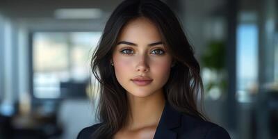 Young woman with beautiful features and long hair in a modern office setting during daytime photo