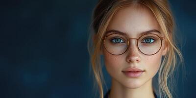 Young woman with glasses gazes directly at the camera against a dark blue background photo