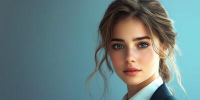 Young woman with expressive blue eyes poses elegantly against a soft blue background photo