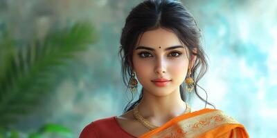 Young woman in traditional attire poses gracefully against a soft background in an indoor setting during daylight hours photo