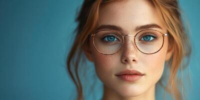 Young woman with glasses and striking blue eyes poses against a solid blue background in a serene and captivating manner photo