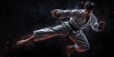 Karate practitioner performs a high flying kick during an intense training session in a dimly lit dojo photo