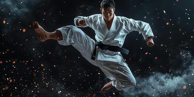 Martial artist performs powerful kick in dramatic training session surrounded by floating particles photo