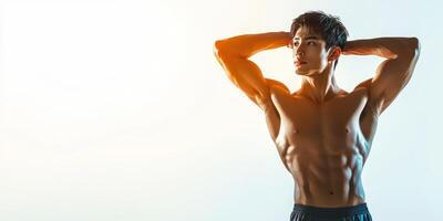 Strong man posing in silhouette during fitness session with bright background photo