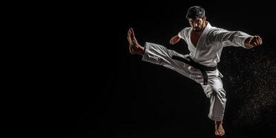 Dynamic karate kick performed by a martial artist in a black belt uniform during a training session photo
