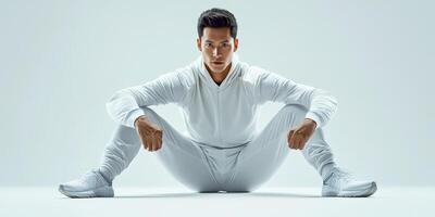 dinámica masculino atleta en flexible actitud exhibiendo fuerza y atención en un minimalista estudio ajuste foto