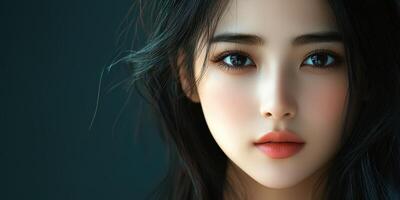 Stunning portrait of a young woman with captivating eyes and soft features in a close-up shot photo