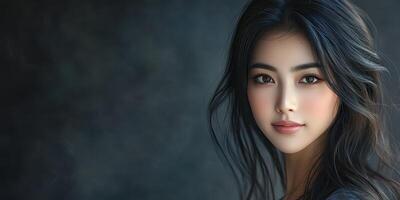 Captivating portrait of a young woman with long dark hair in a soft, natural setting, showcasing striking features and gentle expression photo