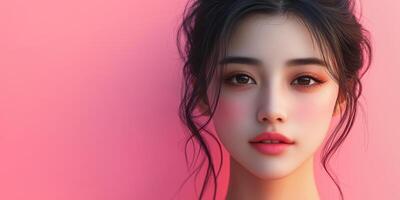 Portrait of a young woman with soft features and gentle expression against a pink background photo