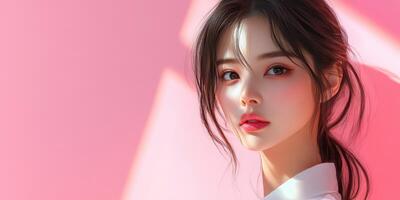 Young woman poses against a soft pink background during golden hour with gentle light highlighting her features photo
