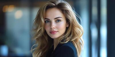 Young woman with wavy hair poses confidently in a modern indoor setting during daylight photo