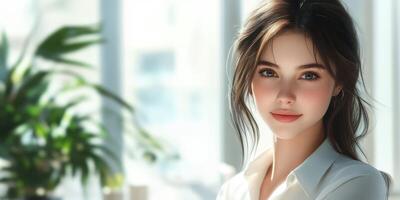Young woman with long hair in a bright room filled with plants and natural light during a daytime setting photo