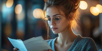 Young woman reads a document in a cozy, softly lit environment during the evening photo