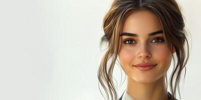 Young woman with flowing hair smiling softly against a light background during daytime in a studio setting photo
