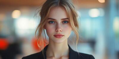 Portrait of a young woman with expressive eyes in a modern indoor setting during daylight hours photo