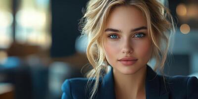 Young woman with beautiful blue eyes poses confidently in a modern cafe ambiance during daylight hours photo