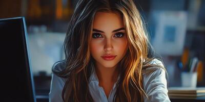 Young woman with captivating gaze working at a desk in a cozy office setting during evening hours photo
