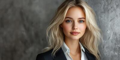 Young woman with long blonde hair posing against textured gray background in a professional setting photo