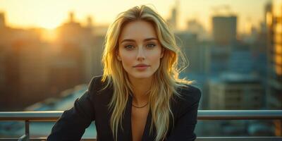 Portrait of a woman with long hair during sunset in an urban setting, showcasing warm tones and a serene expression photo