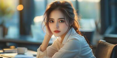 Young woman enjoying a contemplative moment in a cozy cafe during sunset photo